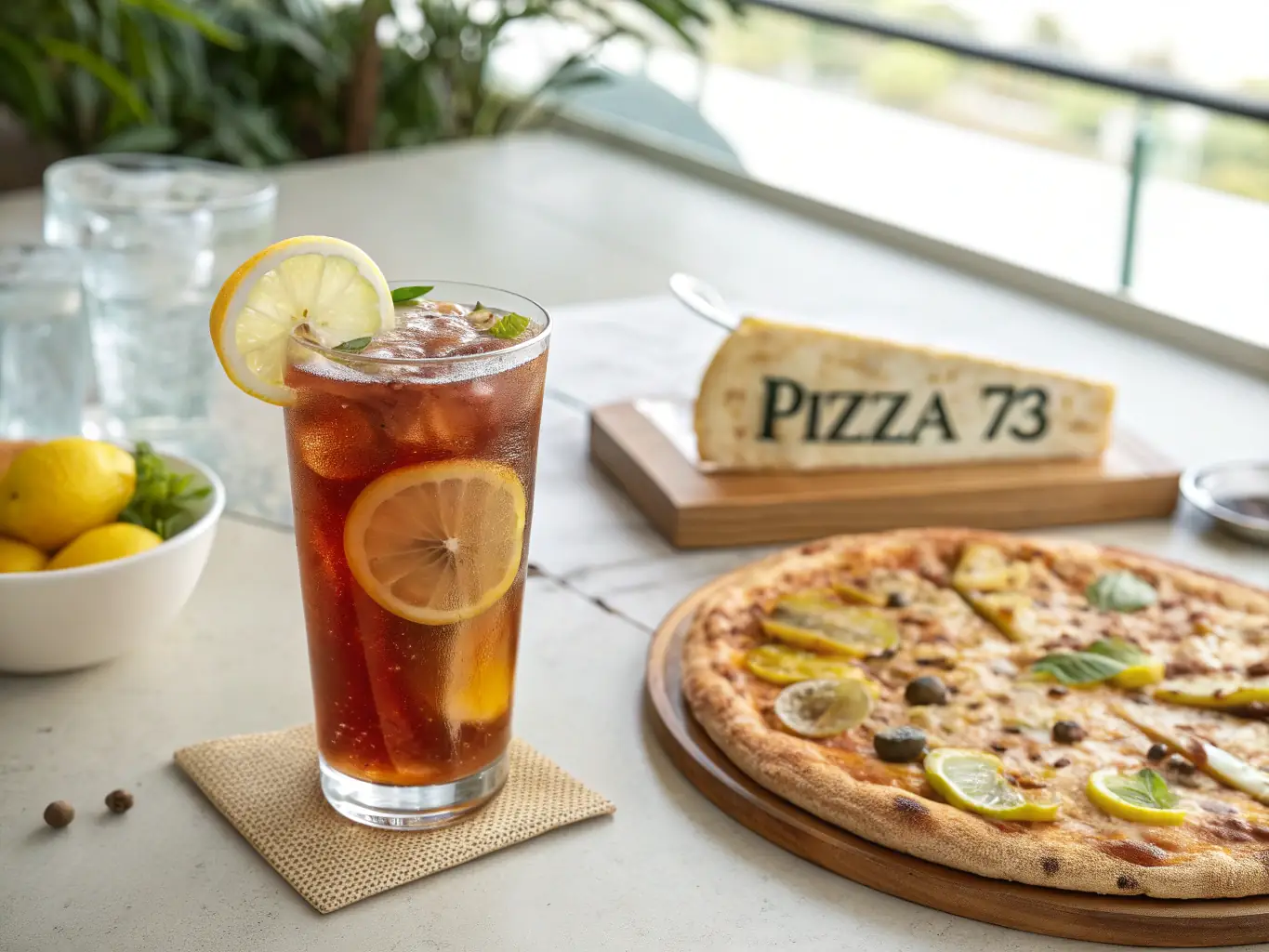 A refreshing glass of iced tea with lemon slices, placed next to a Pizza 73 pizza, showcasing a perfect pairing for a meal.