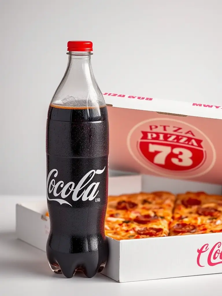 A refreshing image of a 2-liter bottle of Coca-Cola with condensation, placed next to a Pizza 73 pizza box, illustrating a classic beverage choice.