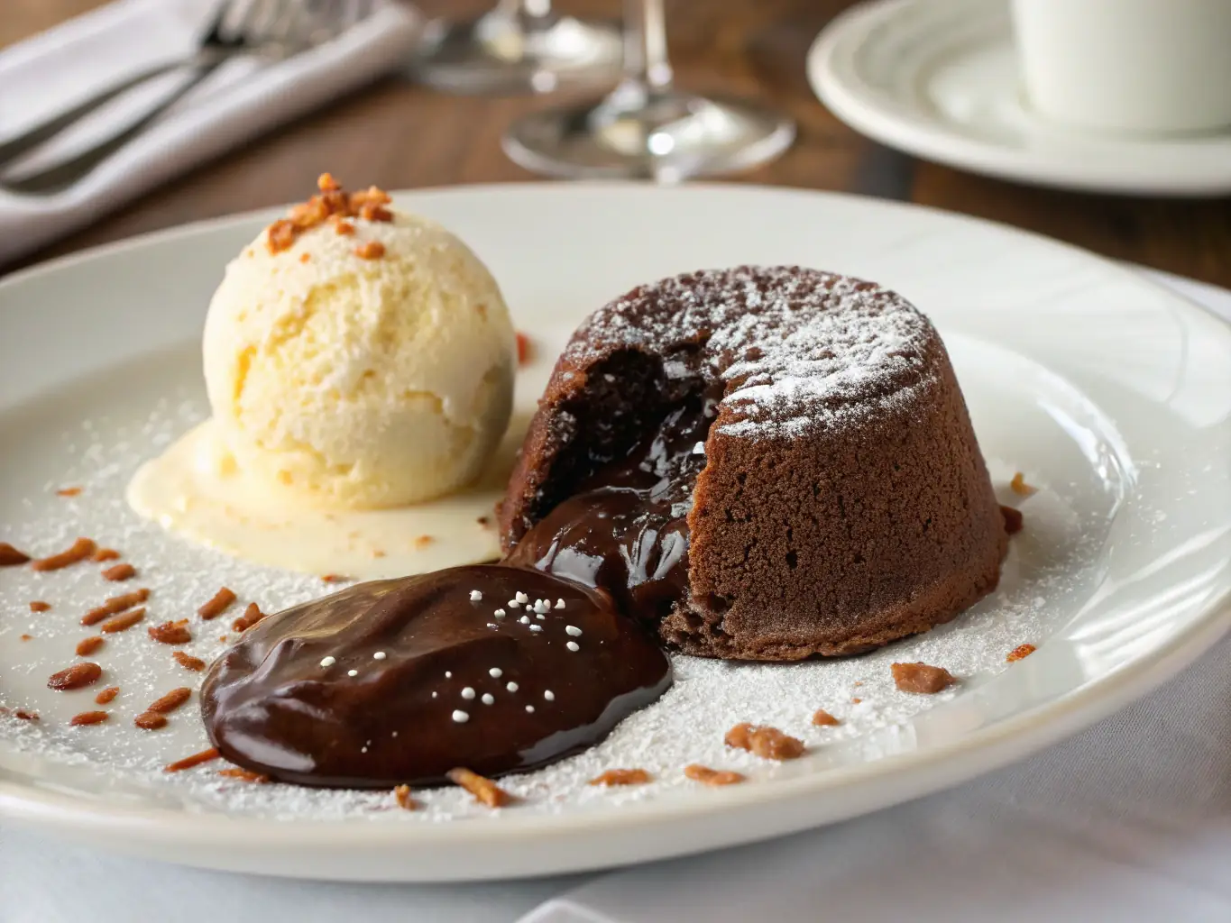 A decadent chocolate brownie with a scoop of vanilla ice cream, drizzled with chocolate syrup, presented on a plate with a Pizza 73 logo in the corner.