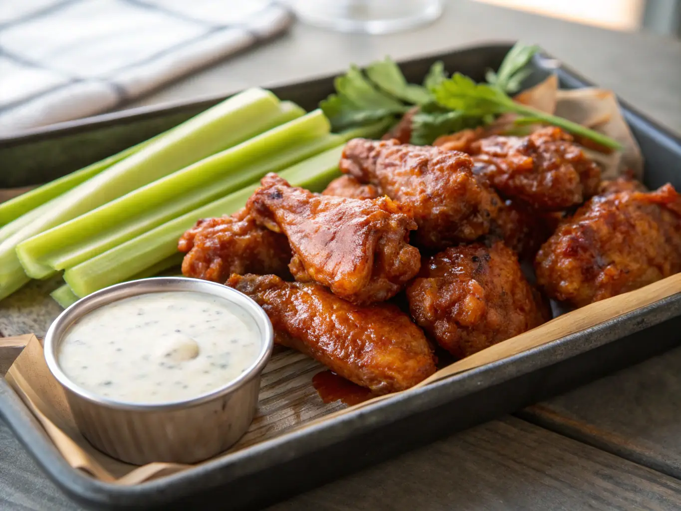 A close-up shot of crispy chicken wings with a side of blue cheese dressing, arranged on a wooden board with a Pizza 73 pizza box in the background.