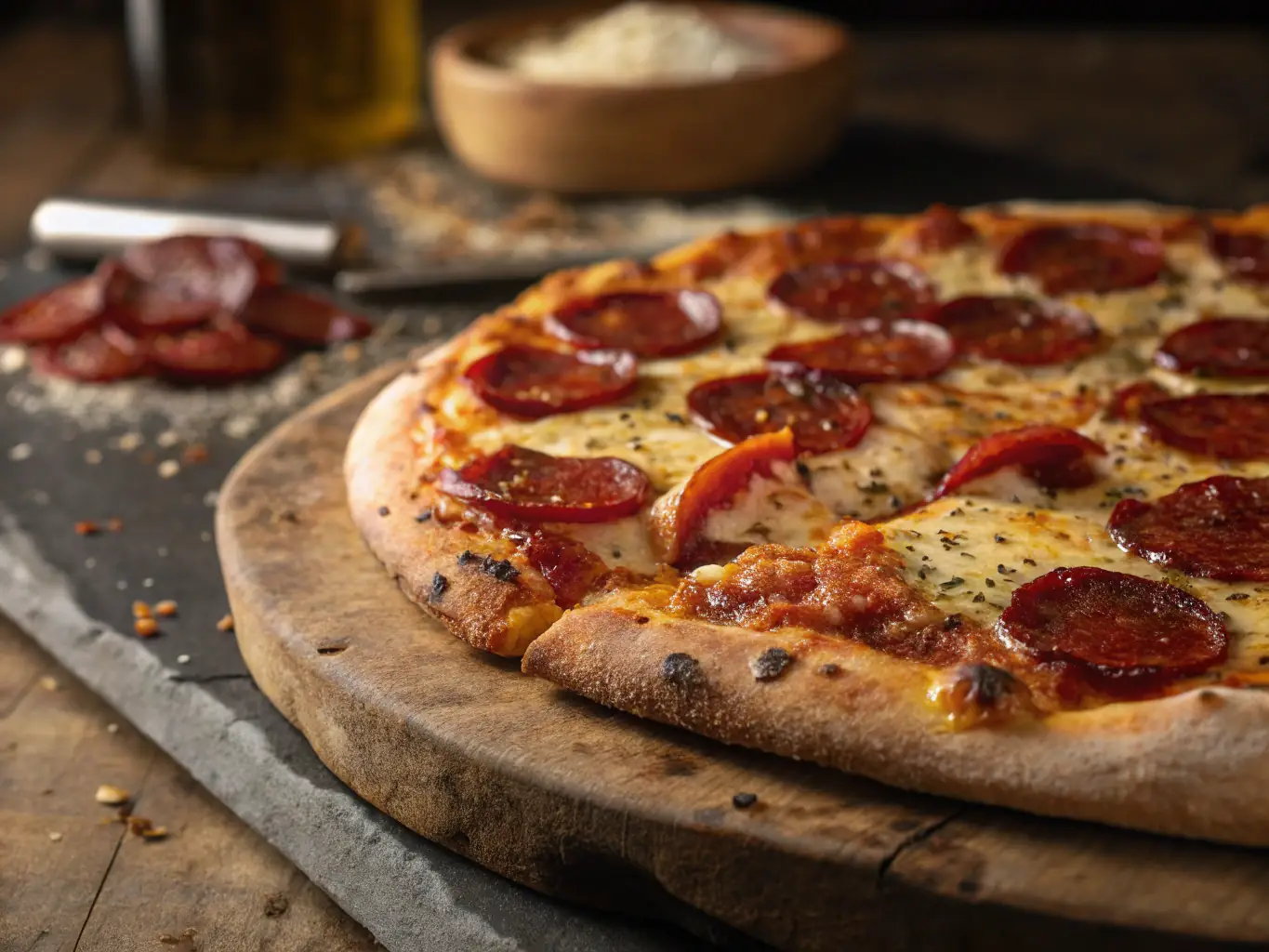 A close-up shot of a freshly baked 'Pepperoni Feast' pizza with melted cheese and crispy pepperoni slices, showcasing its deliciousness and inviting aroma.