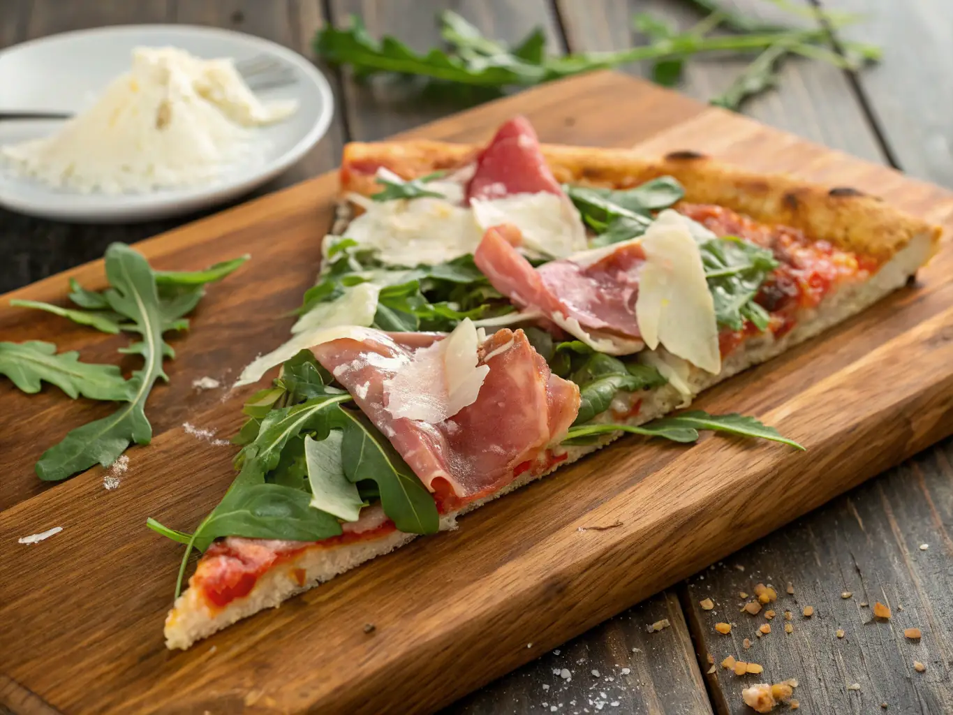 A beautifully arranged gourmet pizza with artisanal toppings such as prosciutto, arugula, and balsamic glaze, highlighting the sophisticated and unique flavor combinations.