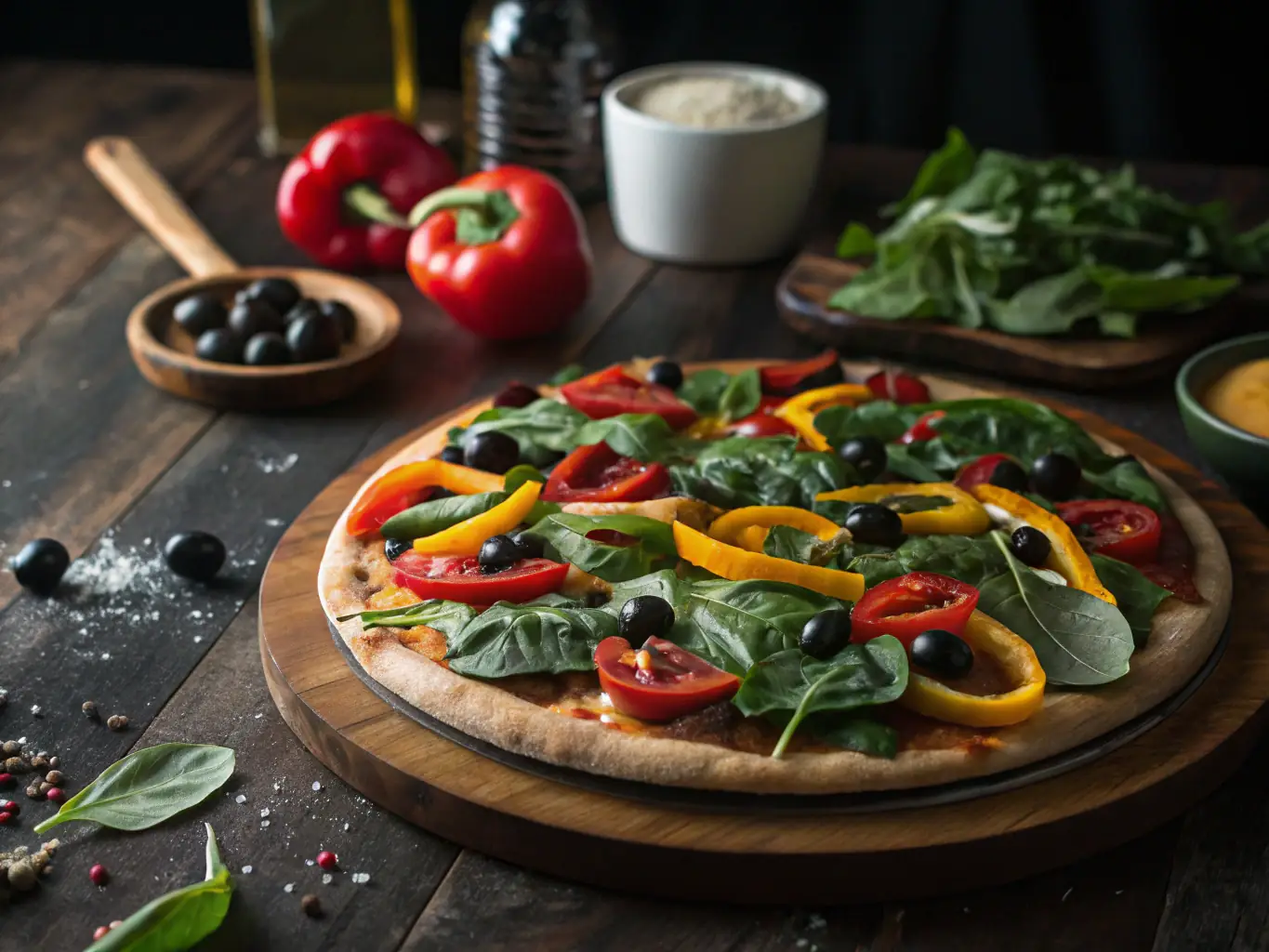 An appetizing image of a 'Veggie Supreme' pizza topped with colorful vegetables like bell peppers, mushrooms, onions, and olives, emphasizing its freshness and healthiness.