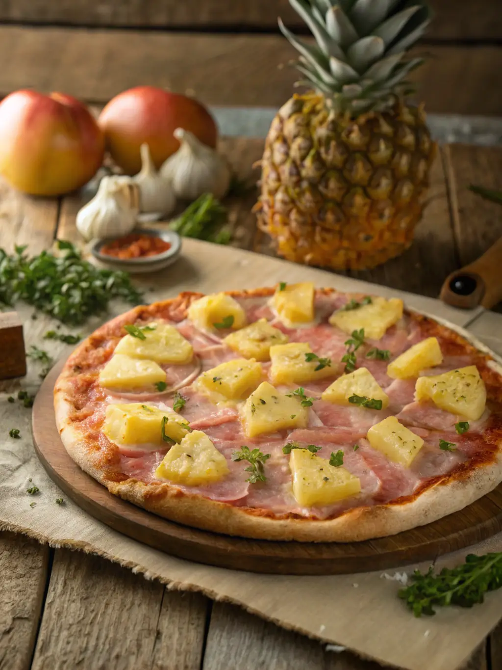 A Hawaiian pizza with ham, pineapple, and melted cheese, highlighting the sweet and savory flavor combination offered at Pizza 73.