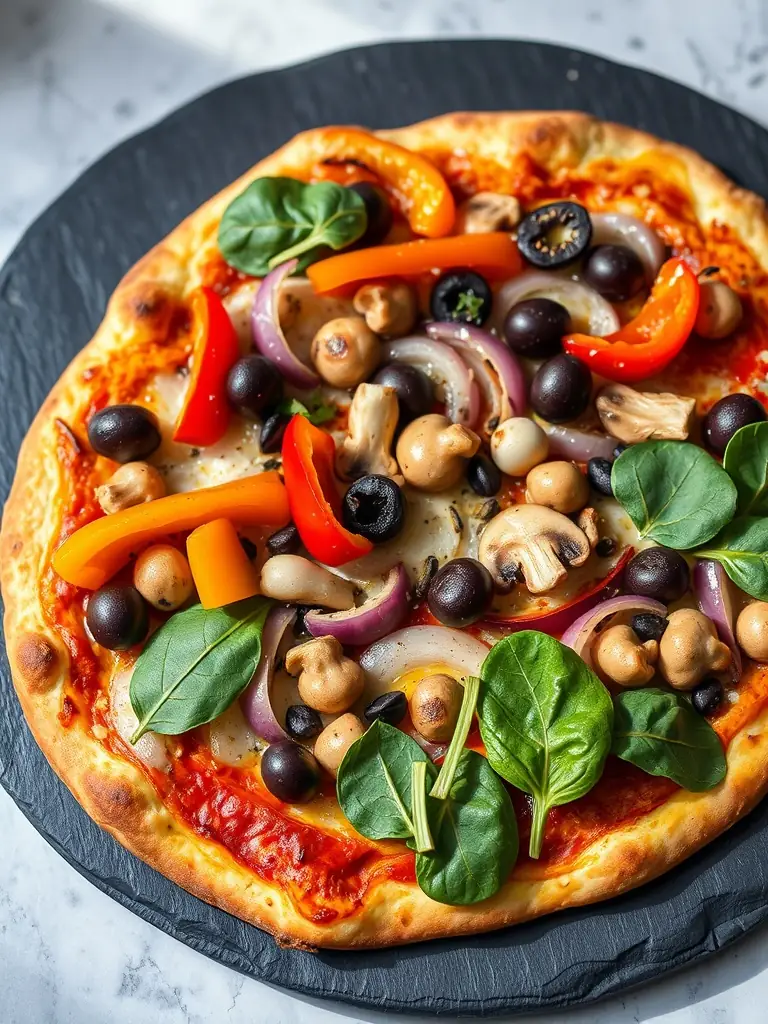 A vegetarian pizza with various vegetables, including bell peppers, onions, mushrooms, and olives, showcasing the vegetarian options at Pizza 73.