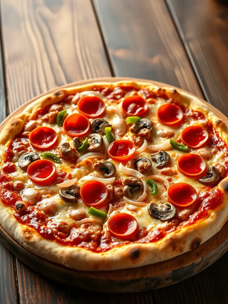 A meat lover's pizza with pepperoni, sausage, bacon, and ham, highlighting the hearty and protein-rich option available at Pizza 73.