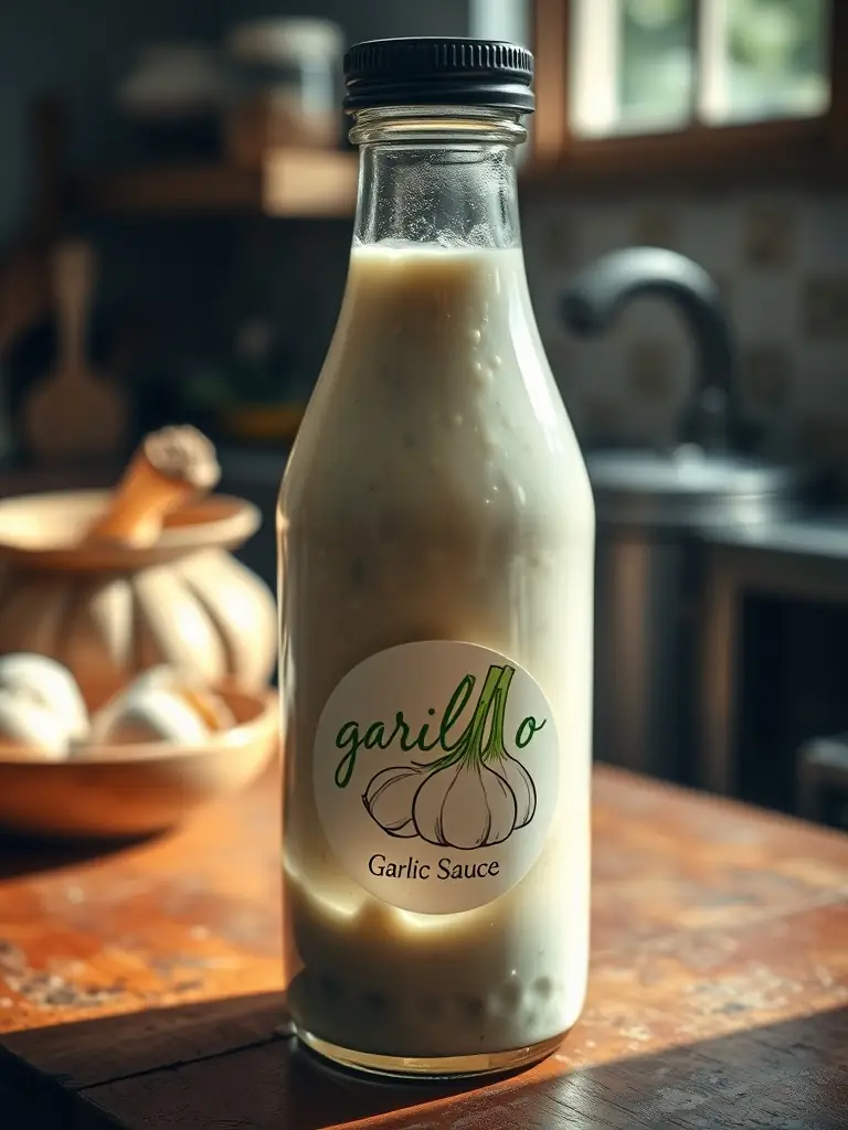 A close-up shot of a container of creamy garlic dipping sauce, highlighting its smooth texture and inviting aroma, ideal for dipping pizza crusts or wedges at Pizza 73.